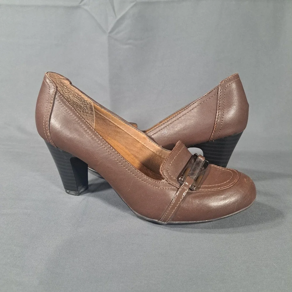 Softshoe by Medicus Brown Leather Loafer Pumps Block Heel Size 6.5 Office